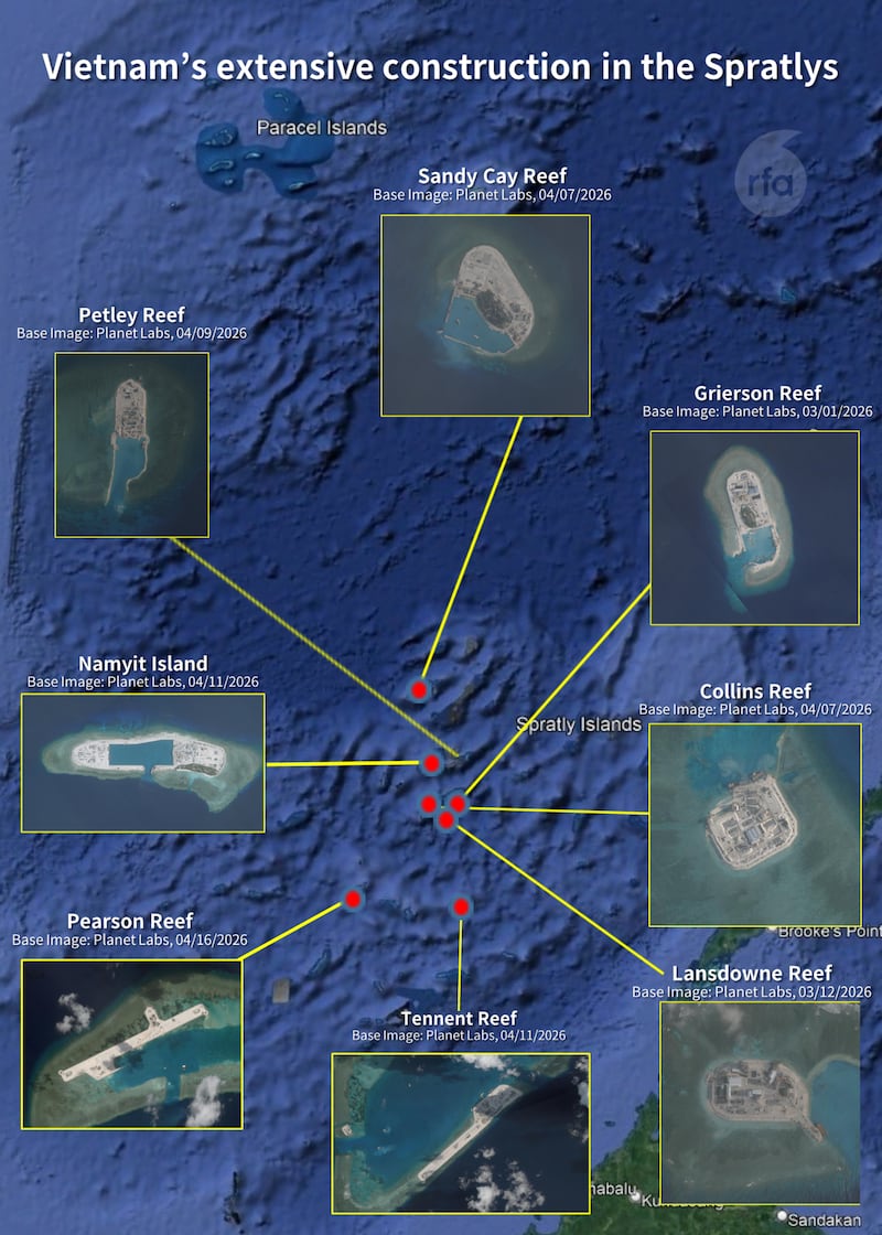 Vietnamese construction at 27 sites across at least 18 reefs in the disputed Spratly Island includes land reclamation, dredging and airstrip and port construction.