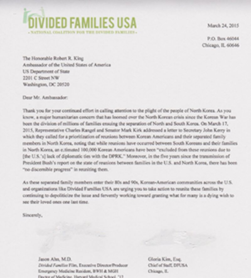 Divided Families USA가 국무부 로버트 킹 대사 앞으로 보낸 편지
