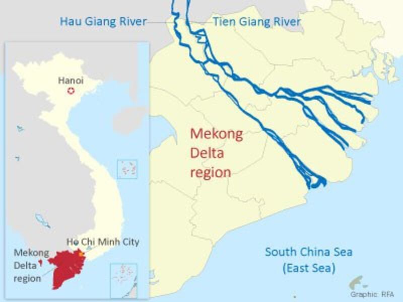 The map shows the Mekong Delta region in southern Vietnam.