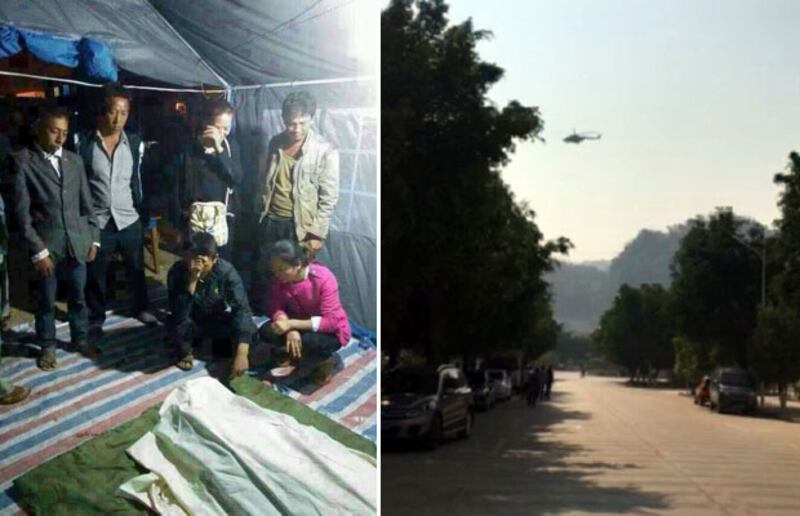 左圖：雲南臨滄受害人家屬和受害人的屍體。右圖：3月15日，雲南邊境地區臨滄市的南傘鎮上空不時有軍用直昇機盤旋。（現場人士攝）