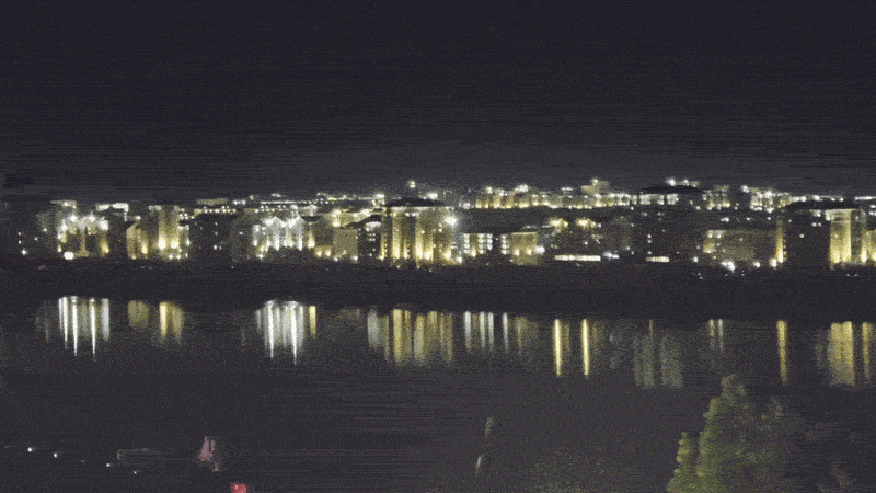 A nighttime view of Wihwa Island near Sinuiju, North Korea, seen from Dandong, China in early June 2026.