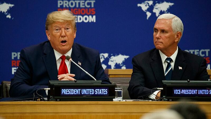 2019年9月23日，美国总统特朗普与副总统彭斯在纽约出席联合国就宗教自由举办的活动。（美联社）