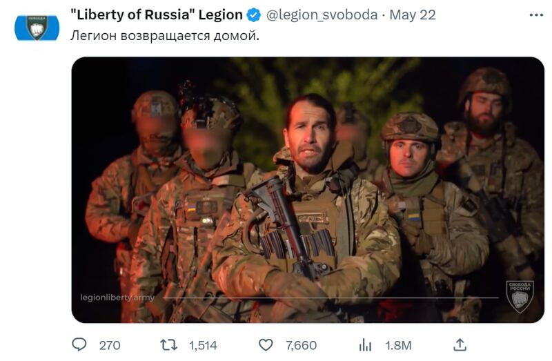 「俄羅斯自由軍團」5月22日在推特發布短視頻。圖取自「Liberty of Russia」 Legion推特