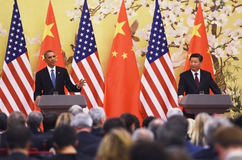 Tổng thống Mỹ Barack Obama (bên trái) và Chủ tịch Trung Quốc Tập Cận Bình trong một cuộc họp báo chung tại Đại lễ đường Nhân dân ở Bắc Kinh ngày 12 tháng 11 năm 2014.
