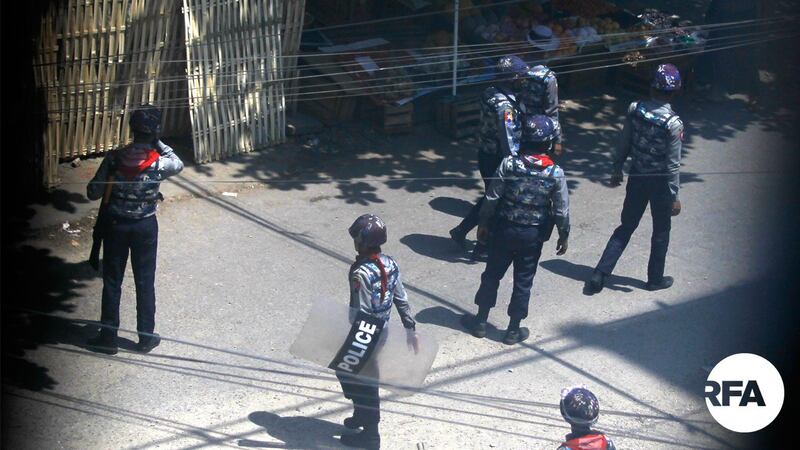 Junta security forces on patrol in Ward No. 1, in Yangon's Mayangone township, March 20, 2021. RFA