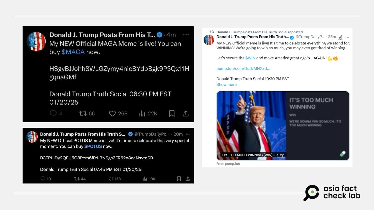 Trump’s fan account made posts about the launch of various crypto coins, all of which were soon deleted.