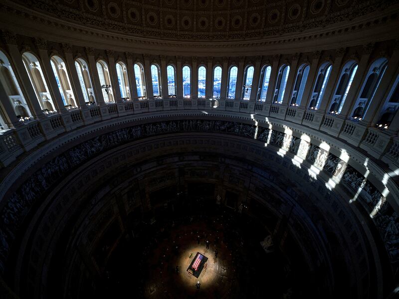 The flag-draped casket of former U.S. President Jimmy Carter lies in state in the U.S. Capitol Rotunda, in Washington, Jan. 8, 2025.