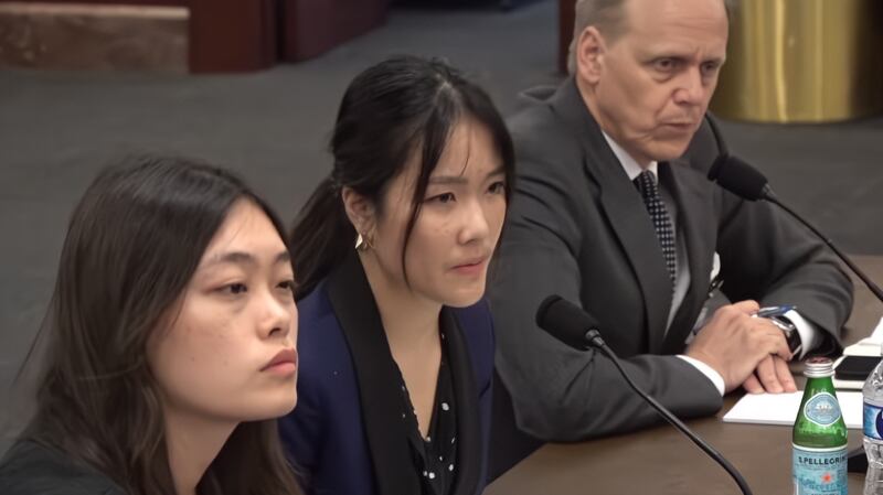 出席會議的包括黎智英法律團隊成員Jonathan Price、被港府懸紅通緝的海外港人許穎婷和邵嵐(右至左)。(網上截圖)