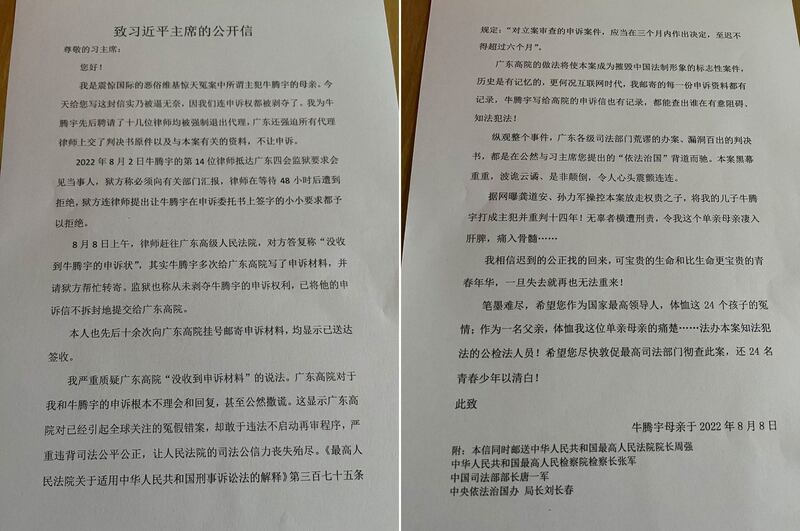 牛腾宇母亲致习近平的公开信打印件（牛腾宇的母亲可可提供）
