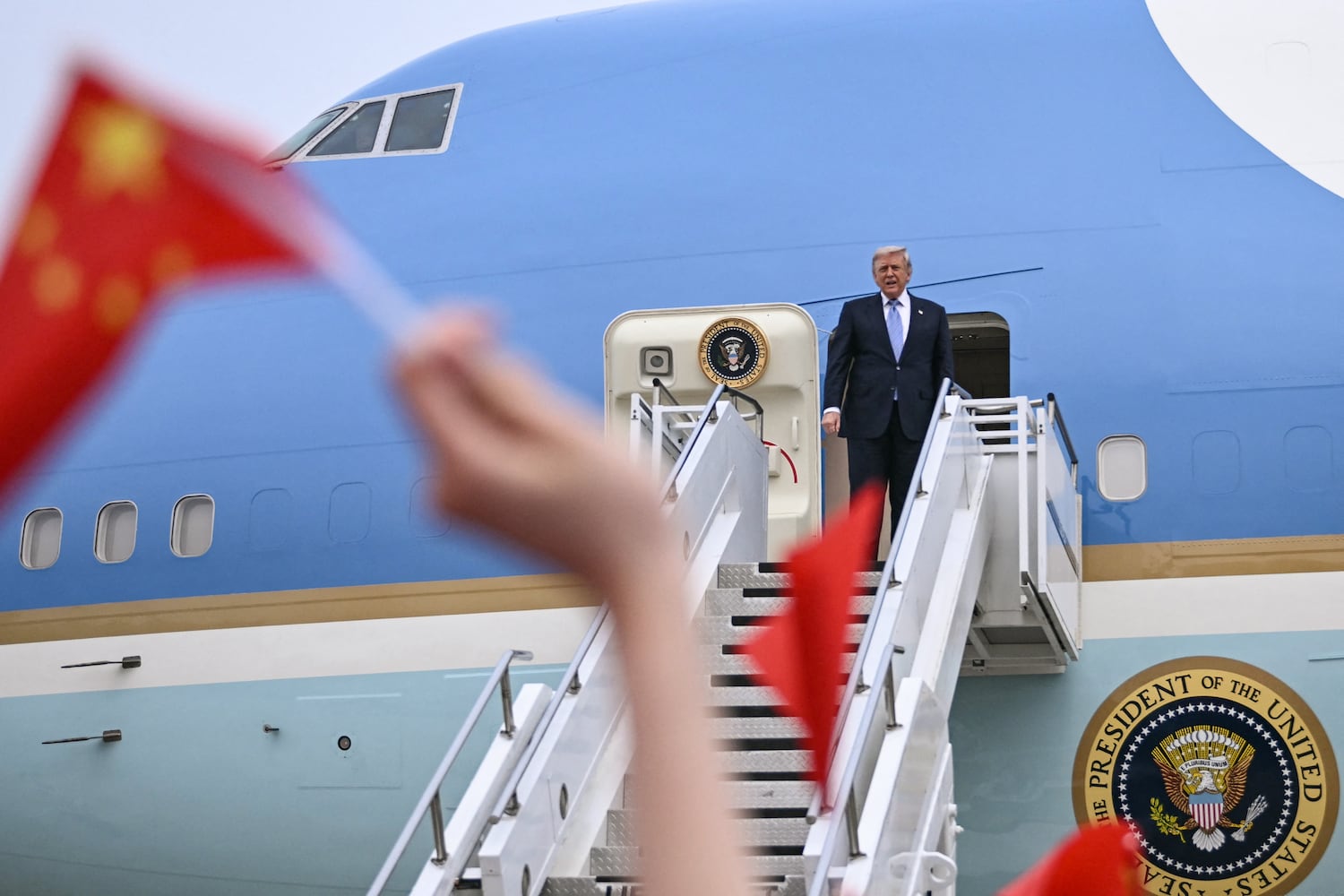 U.S. President Donald Trump boards Air Force One during his departure from Beijing on May 15, 2026.