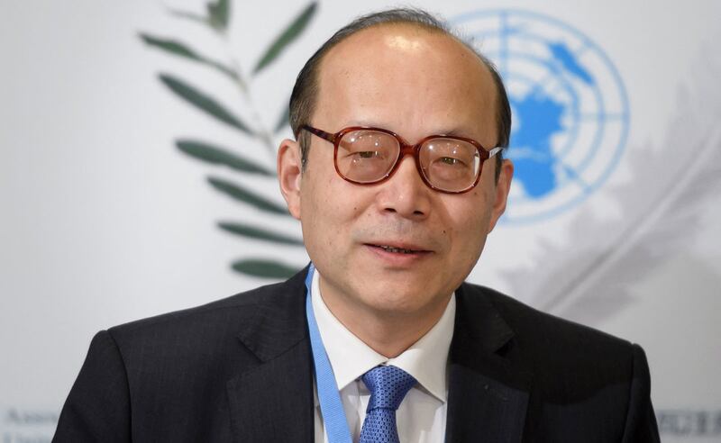 خىتاينىڭ بىرلەشكەن دۆلەتلەر تەشكىلاتىنىڭ جەنۋەدە تۇرۇشلۇق باش ئەلچىسى چېن شۈ ب د ت دىكى يىغىندا سۆزلىمەكتە. 2020-يىلى 31-يانۋار.