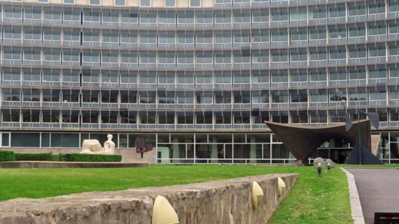 A view of the main entrance to UNESCO's headquarters in Paris, France, Oct. 25, 2019.