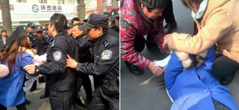 2015年3月16日，有惠東村的農民拒絕被帶走而與警方發生拉扯，最後受傷倒地。（村民攝）