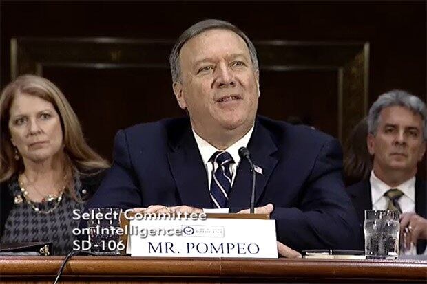 마이크 폼페오 중앙정보국(CIA) 국장 지명자가 12일 상원 정보위원회 인준청문회에 출석해 발언하고 있는 모습. 