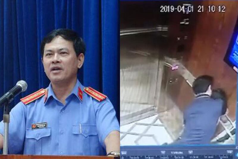 Ông Nguyễn Hữu Linh, cựu Phó Viện trưởng Viện kiểm sát nhân dân thành phố Đà Nẵng và video triết xuất từ camera an ninh cho thấy ông 'nựng' một em nhỏ trong thang máy hôm 1/4/2019
