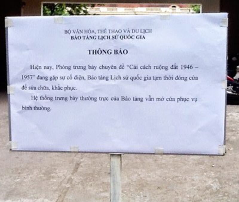 Thông báo đóng cửa phòng Triển lãm Cải cách ruộng đất