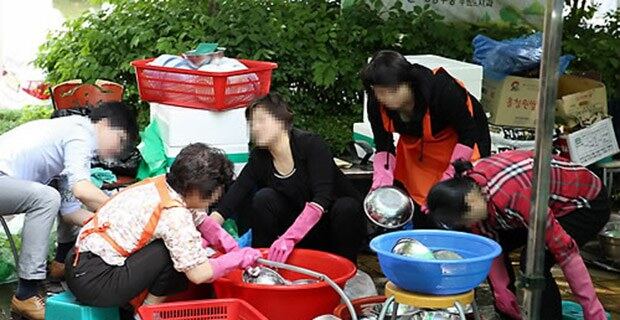 서울 강동구에 사는 탈북자 10명이 뜻을 모아 발족한 '되돌이사랑 봉사단'이 지난달 어버이날을 앞두고 성내동 안말어린이공원에서 열린 저소득층 노인 대상 행사에서 자원봉사자로 일하고 있다. 
