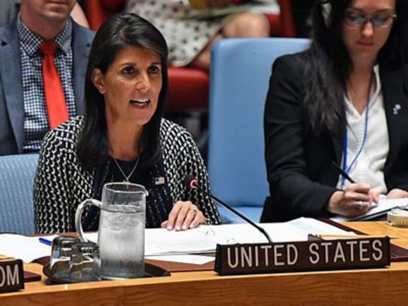 U.S. Ambassador to the United Nations Nikki Haley speaks at a UN Security Council meeting to discuss recent violence in Myanmar's northern Rakhine state at the United Nations in New York, Sept. 28, 2017.