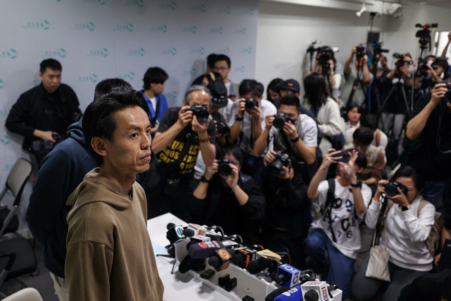 Lo Kin-hei, Chairman of the Democratic Party, attends at a news conference after an extraordinary general meeting to seek members' views on the potential dissolution of the party in Hong Kong, China, April 13, 2025.