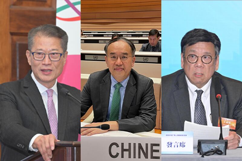 外界盛傳下個被開刀的將會是財金官員，（左起）財政司司長陳茂波、財經事務及庫務局局長許正宇、商務及經濟發展局局長丘應樺（粵語組製圖）