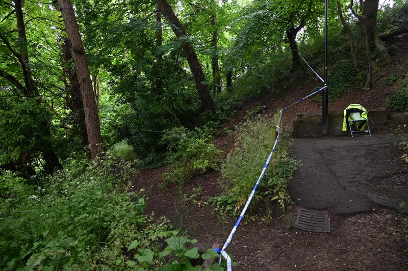 有目擊者指，事發時發現Matthew Trickett倒臥在公園一個小斜坡上的山邊，該位置現時仍然被封鎖，有警員駐守。（梁銘康 攝）