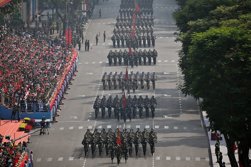 Soldiers march during a parade marking the 50th anniversary of the fall of Saigon and the end of the Vietnam War in Ho Chi Minh City on April 30, 2025.