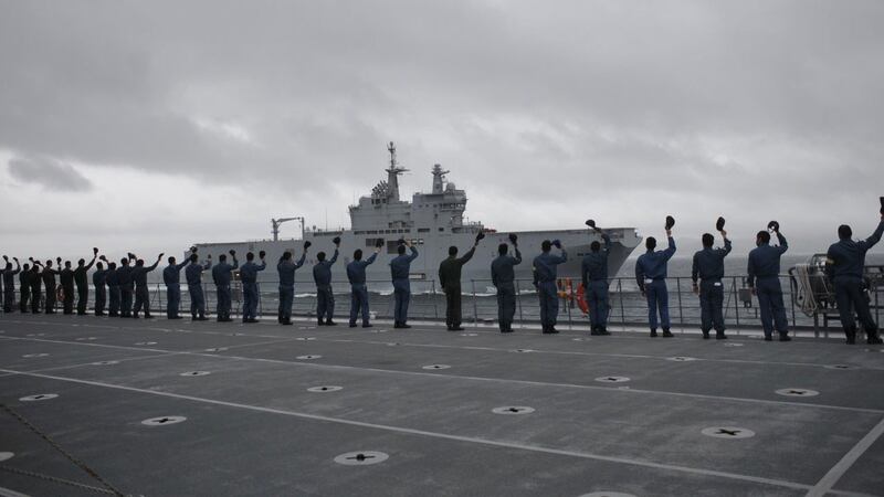 日本海上自卫队和美国、法国、澳大利亚等三国海军,5月11日到17日也在东海进行联合演习,以因应中国海上活动。(日本自卫队推特)