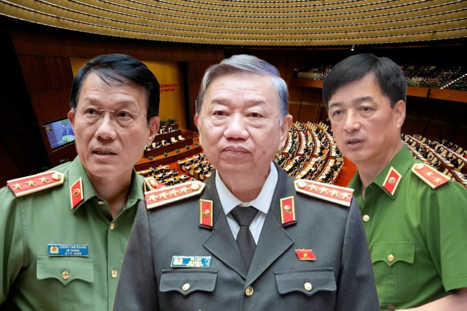 Từ phải qua: Thượng tướng Nguyễn Duy Ngọc, Tổng Bí thư Tô Lâm và Bộ trưởng Công an Lương Tam Quang.