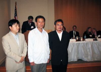 图片:被誉为“天安门三君子” 余志坚、喻东岳和鲁德成在纪念六四20周年座谈会上(RFA/记者何平摄)