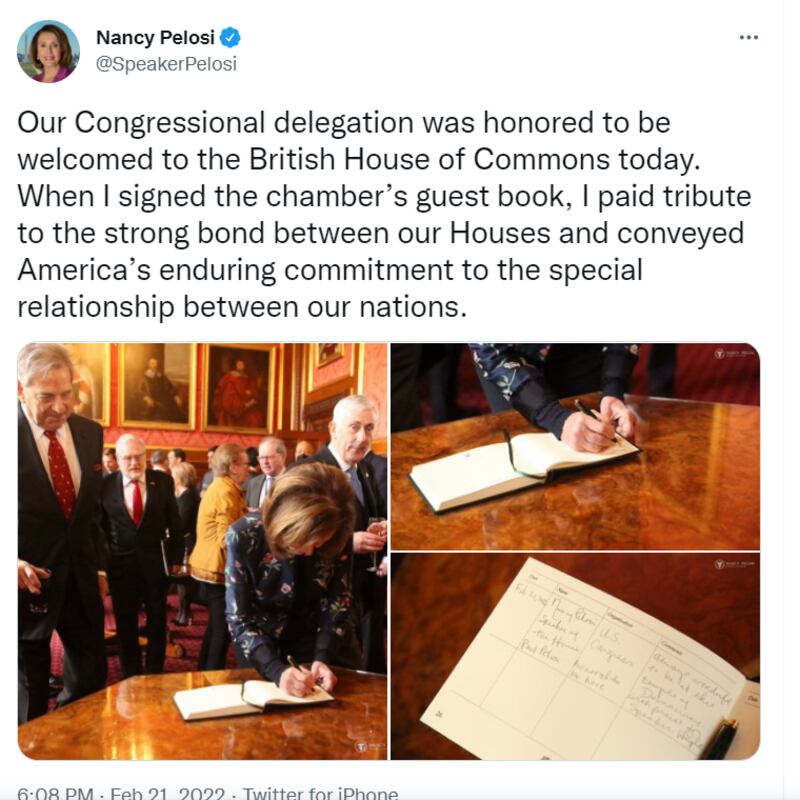佩洛西访问英国下议院（推特截图/Nanci Pelosi）