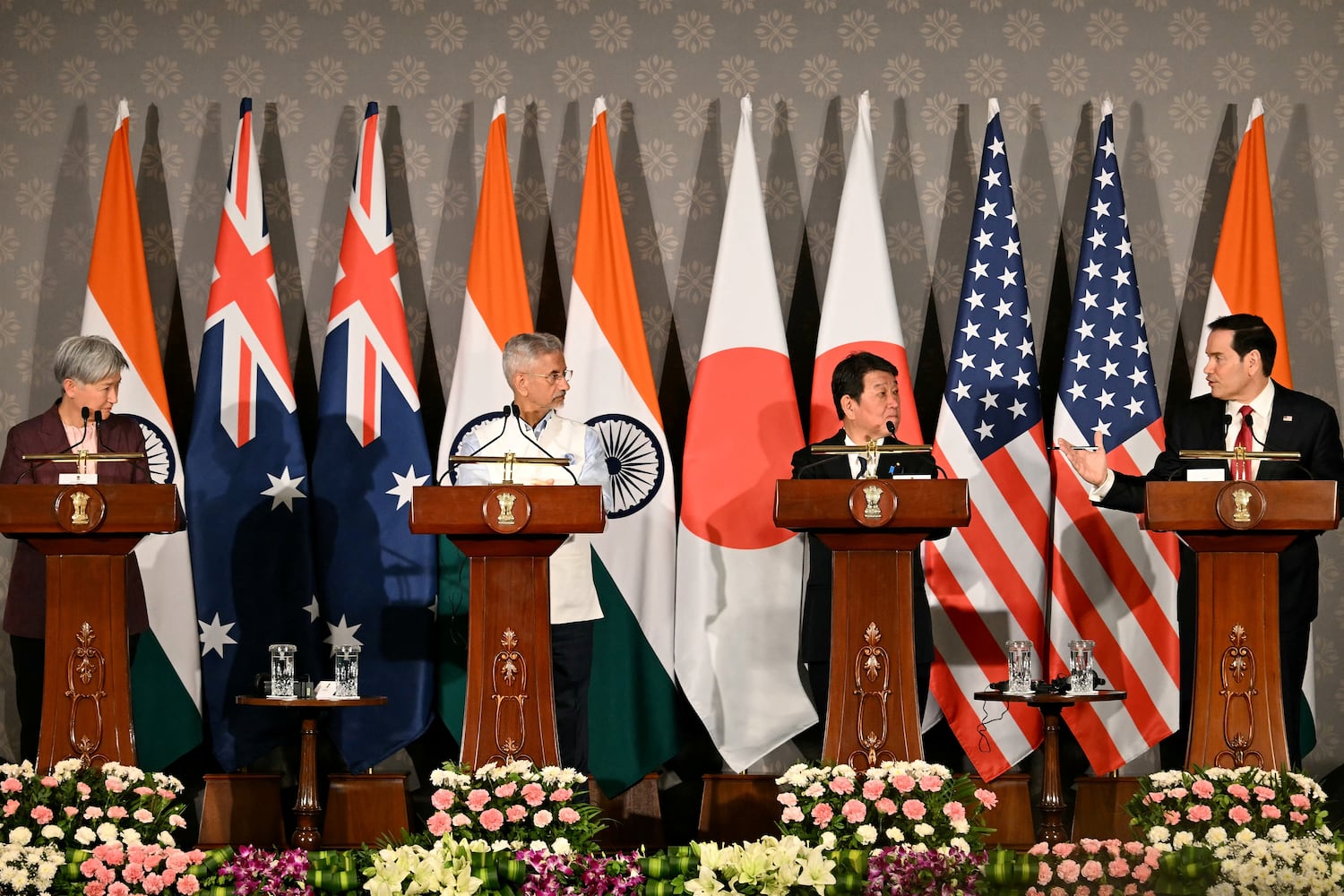 U.S. Secretary of State Marco Rubio, right, addresses a joint press conference along with the foreign ministers of Australia, India and Japan, following their Quad meeting at the Hyderabad House in New Delhi, May 26, 2026.