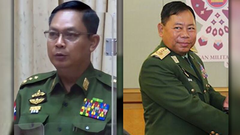 စစ်ဦးစီးအရာရှိချုပ်(ကြည်း) ဒုတိယဗိုလ်ချုပ်ကြီး မိုးမြင့်ထွန်း (ဝဲ)၊ စစ်ကောင်စီ ပြည်ထောင်စုဝန်ကြီး ဒုဗိုလ်ချုပ်ကြီး စိုးထွဋ် (ယာ)။ (Photo: Myanmar Military)