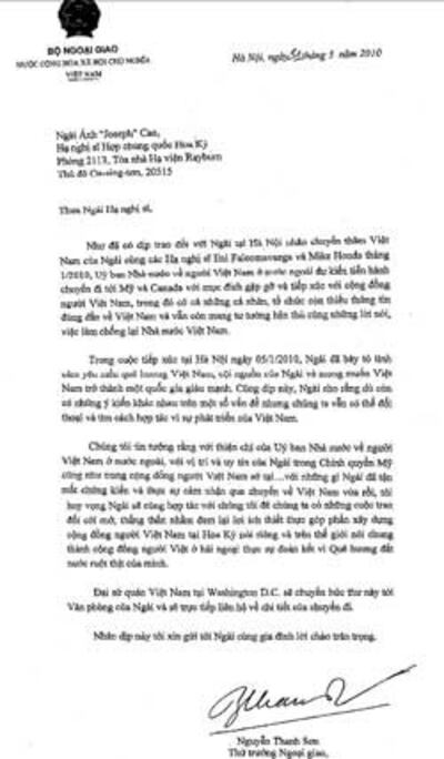 Hình chụp bức thư do Thứ trưởng ngoại giao Nguyễn Thanh Sơn gửi cho dân biểu Cao Quang Ánh, thư đề ngày 31 tháng 3. Photo courtesy of Josephcaoforcongress.