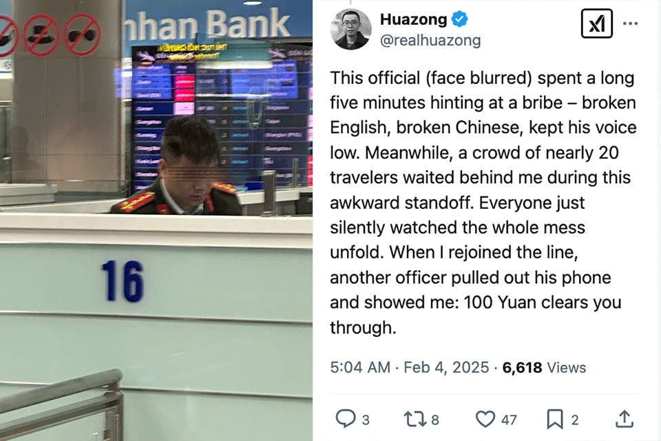 Ảnh chụp màn hình bài đăng tố cán bộ xuất nhập cảnh ở Hà Nội vòi tiền du khách Trung Quốc