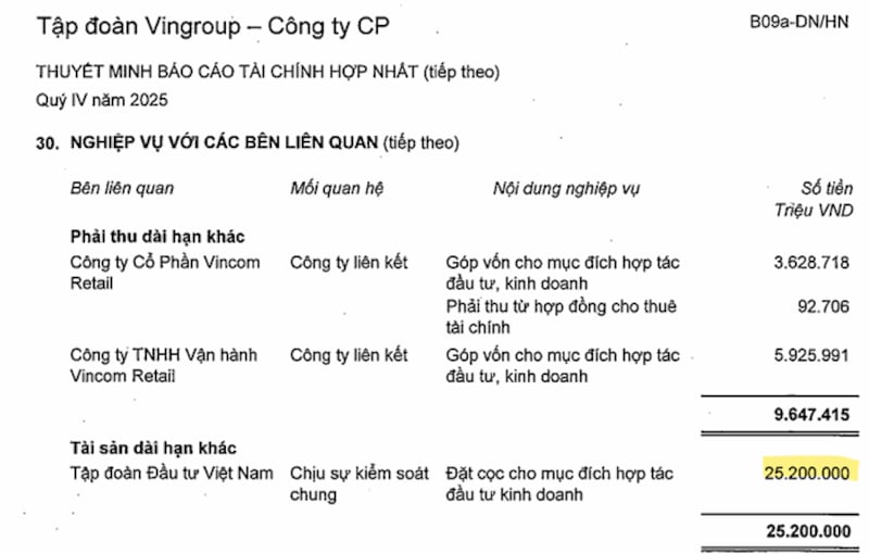Trong năm 2025, Vingroup đã chuyển cho Tập đoàn Đầu tư Việt Nam (VIG) 25.200 tỷ đồng. Nguồn: Báo cáo tài chính hợp nhất Quý 4/2025 của Vingroup.