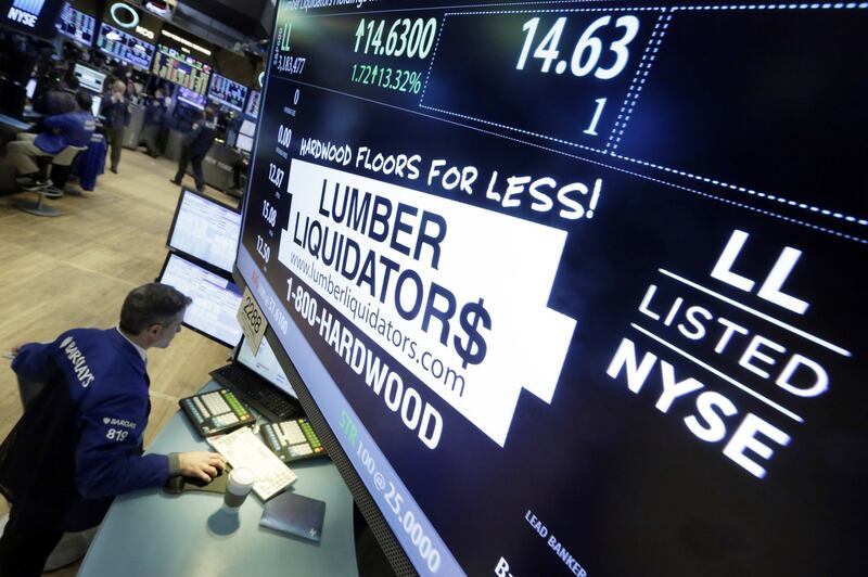 美国纽约证券交易所内的林木宝公司(Lumber Liquidators,LL)标志。(美联社)