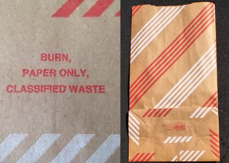 美國中情局的「burn bag」,上書「burn, paper only, classified waste」。(資料圖片)
