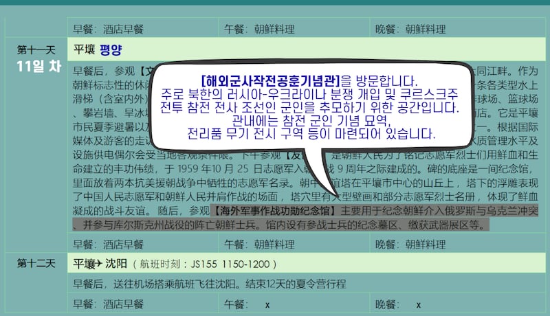 RFA가 입수한 방북 여름캠프 안내서의 11일 차 일정. 평양 '해외군사작전공훈기념관(해외군사작전 전투위훈기념관)' 참관 코스가 명시되어 있다.