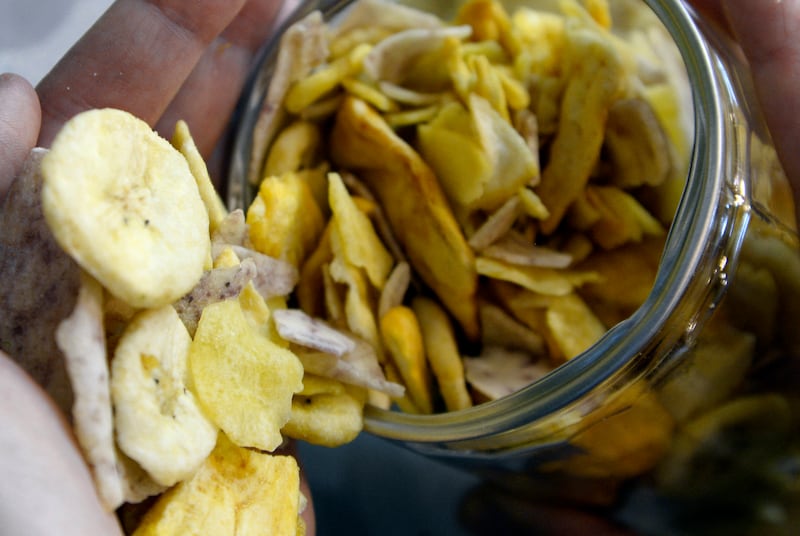 Banana chips are displayed at the Salon International de l'Agroalimentaire, Global Food Show), in Paris, France, Oct 20, 2014.