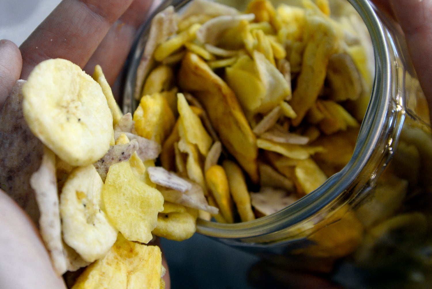Banana chips are displayed at a food show in Paris, Oct. 20, 2014.