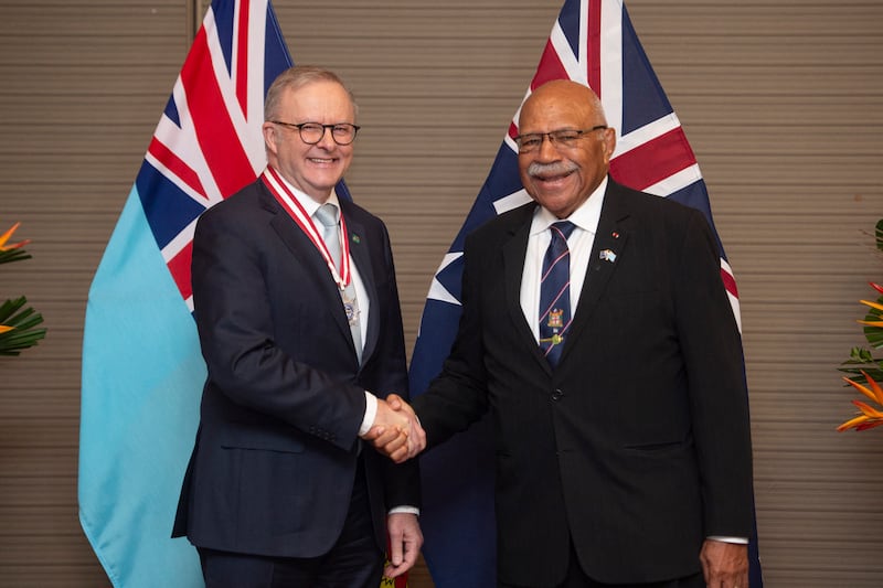 Australian Prime Minister Anthony Albanese shakes hands with Fiji's Prime Minister Sitiveni Rabuka before a bilateral meeting at the Grand Pacific Hotel in Suva on July 6, 2026.