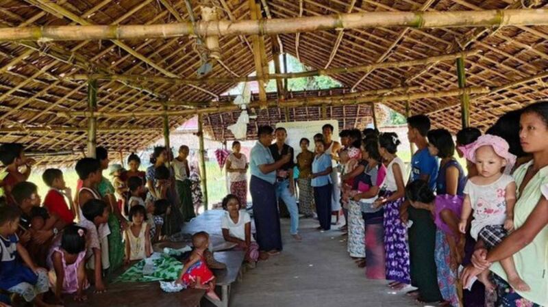 Internally displaced people from Rakhine state, Myanmar, wait at an IDP shelter in Nga Thine Chaung town of Yegyi township, Ayeyarwady region, on Sept. 4, 2024.