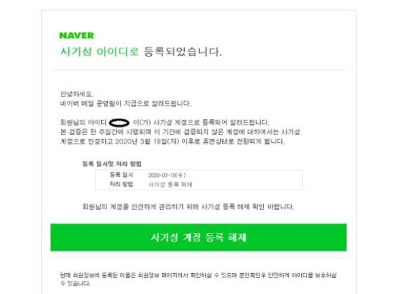 한국 내 검색 사이트인 ‘네이버'를 사칭한 전자우편.