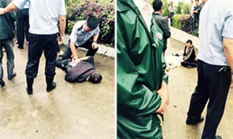 2015年6月8日,死者親屬及村民被警方毆打倒地。(照片來自維權人士)