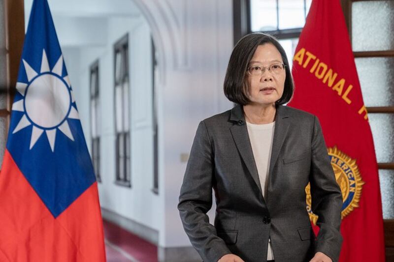 蔡英文以录影方式在“美国退伍军团协会”发表讲话。(总统府提供)