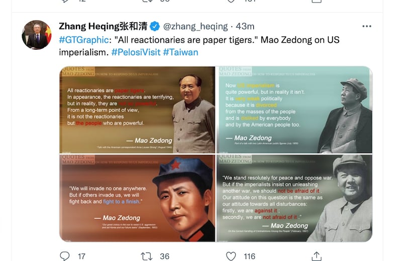 中國駐巴基斯坦文化參贊張和清引述毛澤東反美言論「反對派都是紙老虎」來警告佩洛西訪台。 (張和清推特)