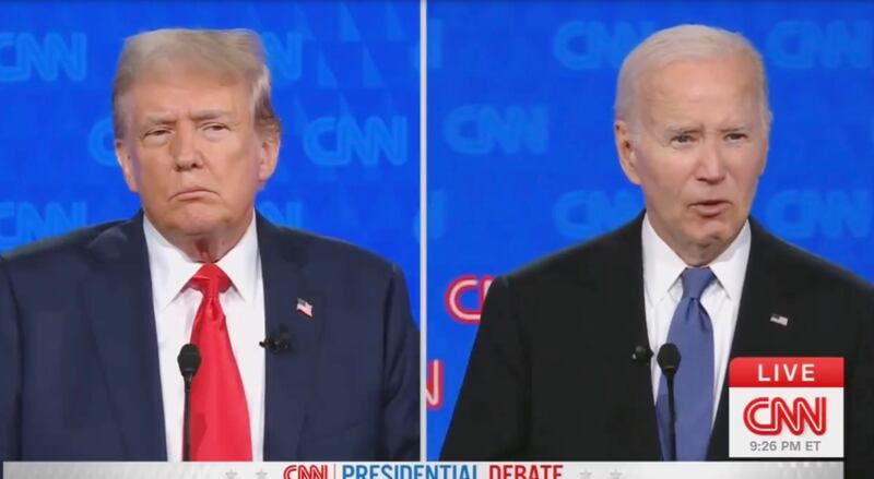 美國總統大選候選人首場辯論場。（拜登X帳號影片截圖）