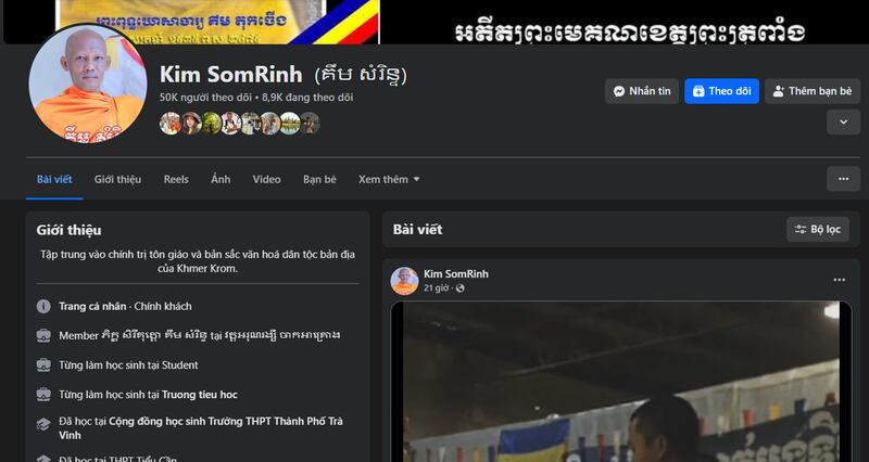 Trang Facebook có 50 ngàn người theo dõi của sư Kim Som Rinh, một trong 4 người bị bắt.