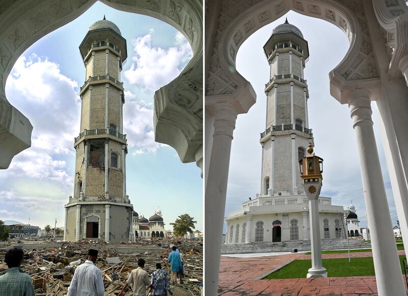 Left: People walk through debris created by the tsunami at the Baiturrahman Grand Mosque in Banda Aceh, Indonesia, Dec. 28, 2004. Right: The mosque as seen on Nov. 27, 2024.