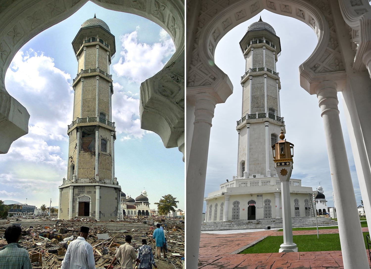 Left: People walk through debris created by the tsunami at the Baiturrahman Grand Mosque in Banda Aceh, Indonesia, Dec. 28, 2004. Right: The mosque as seen on Nov. 27, 2024.